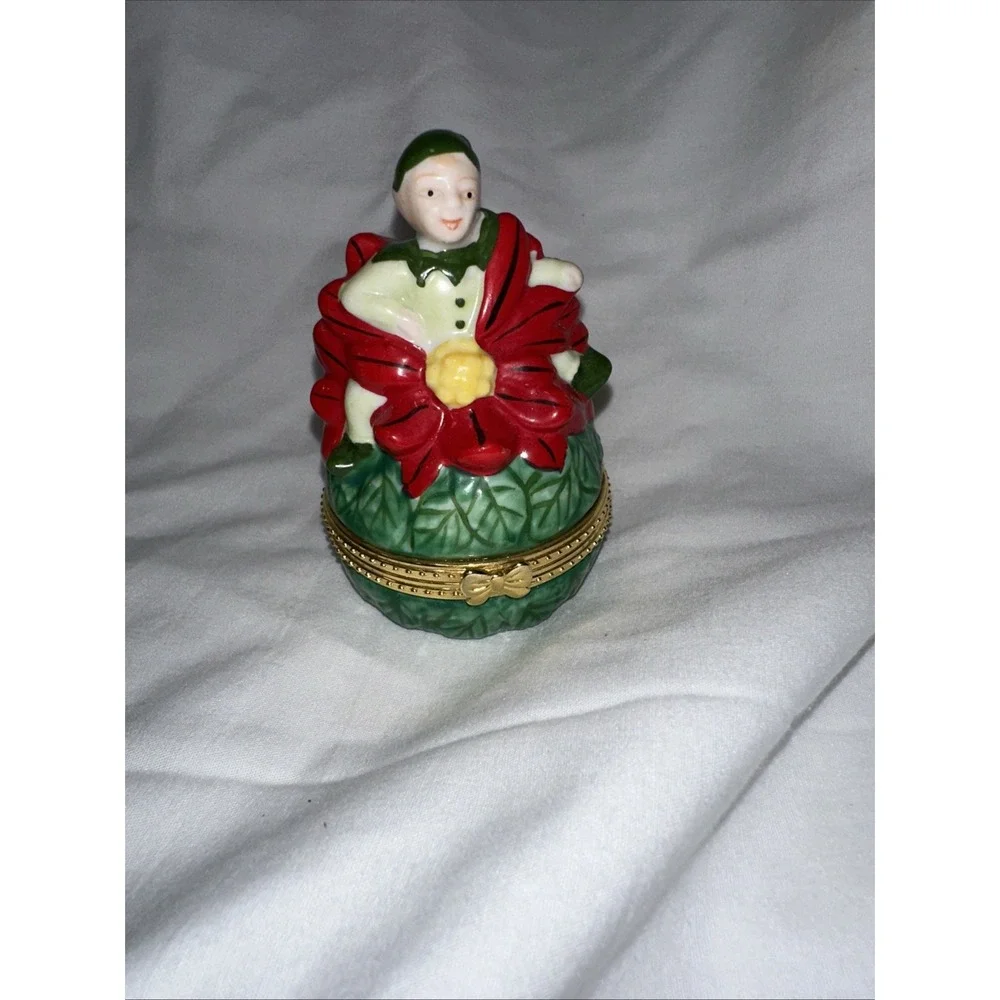 Holiday Woman in Poinsettia Dress Trinket Jewelry‎ Box